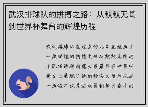 武汉排球队的拼搏之路：从默默无闻到世界杯舞台的辉煌历程